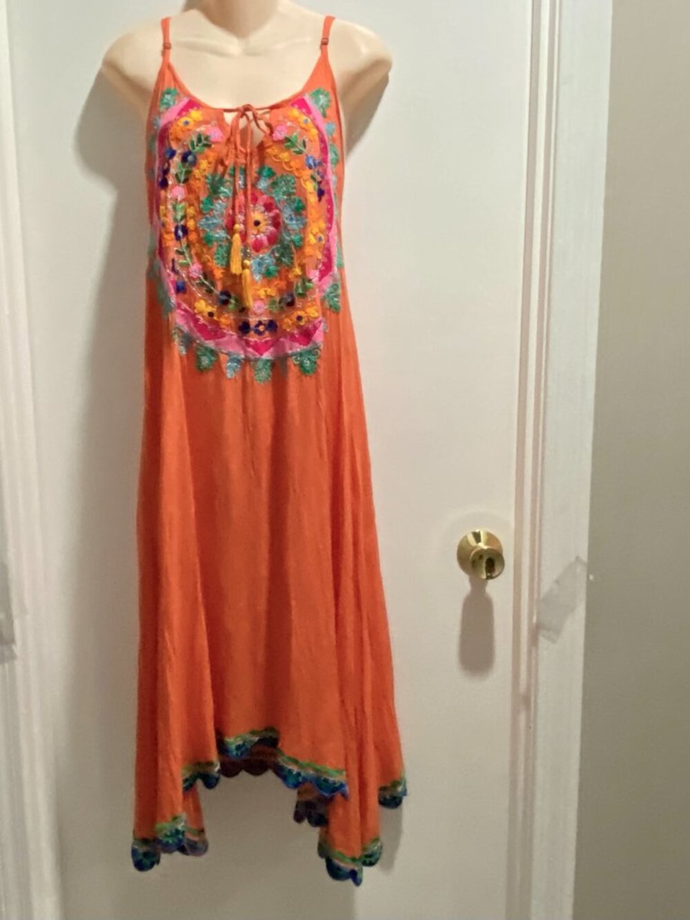 Rubyyaya Asymmetric Embroidery Orange Viscose Boho Cruise Coastal Midi SuDress S